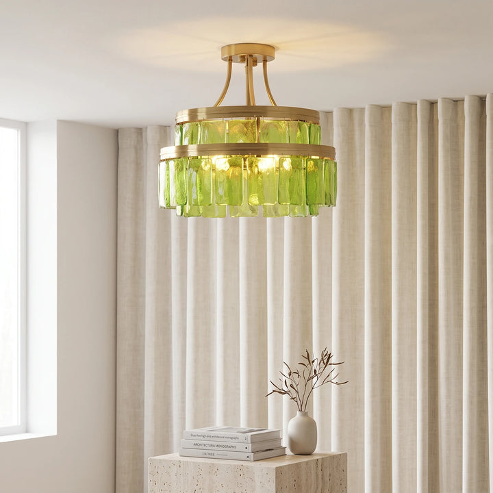 Modern Tiered Green Glass Chandelier