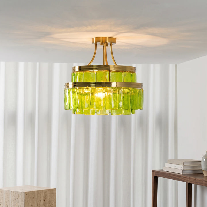 Modern Tiered Green Glass Chandelier
