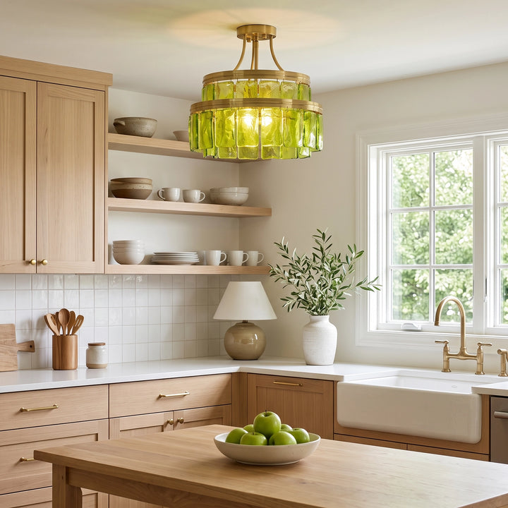 Modern Tiered Green Glass Chandelier