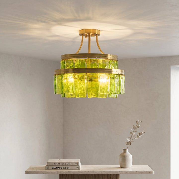 Modern Tiered Green Glass Chandelier