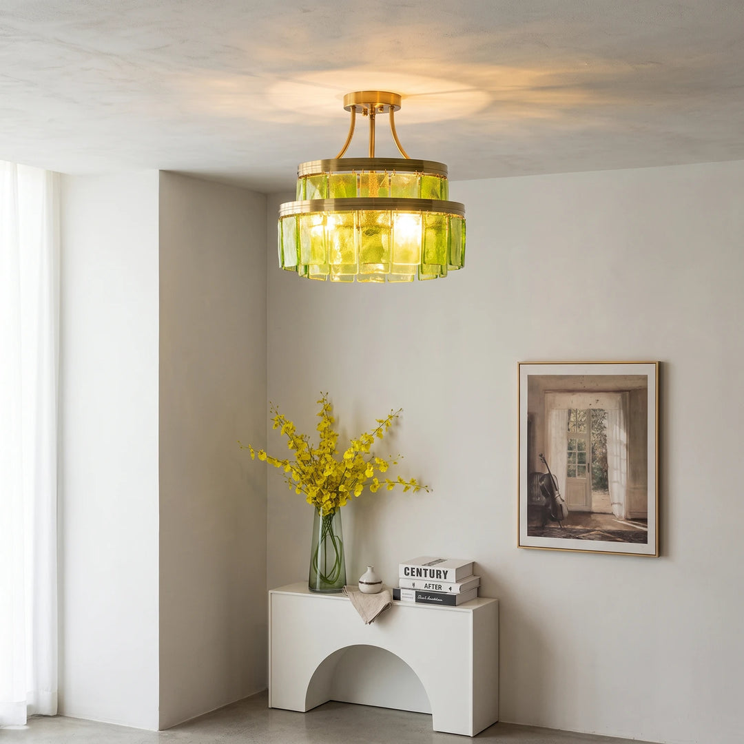 Modern Tiered Green Glass Chandelier