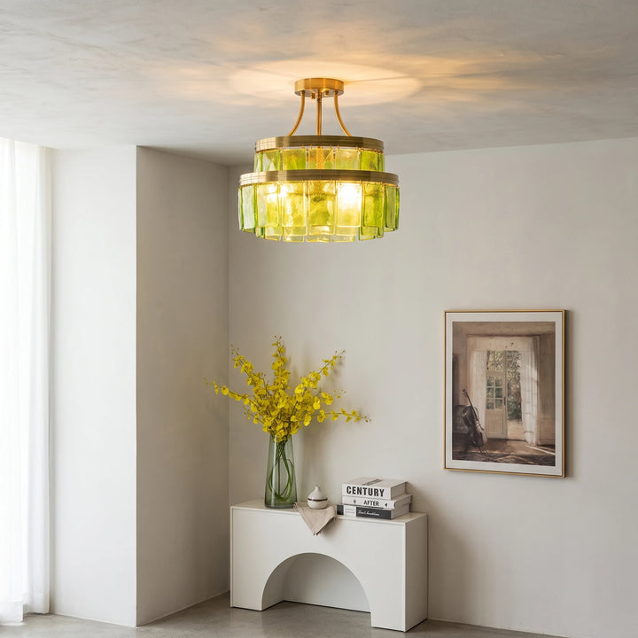 Modern Tiered Green Glass Chandelier