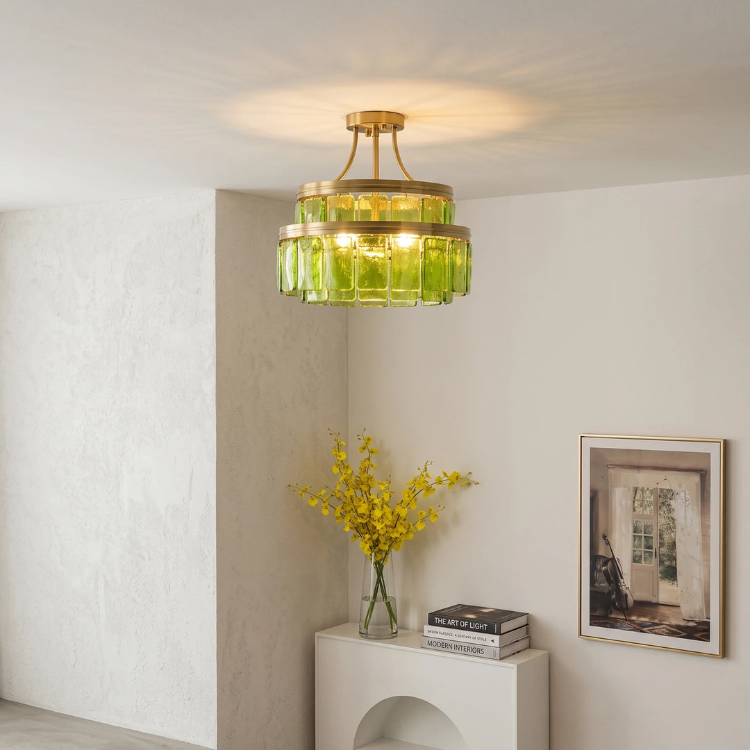 Modern Tiered Green Glass Chandelier