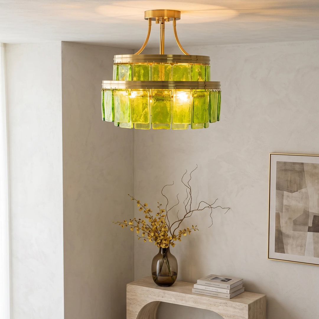 Modern Tiered Green Glass Chandelier
