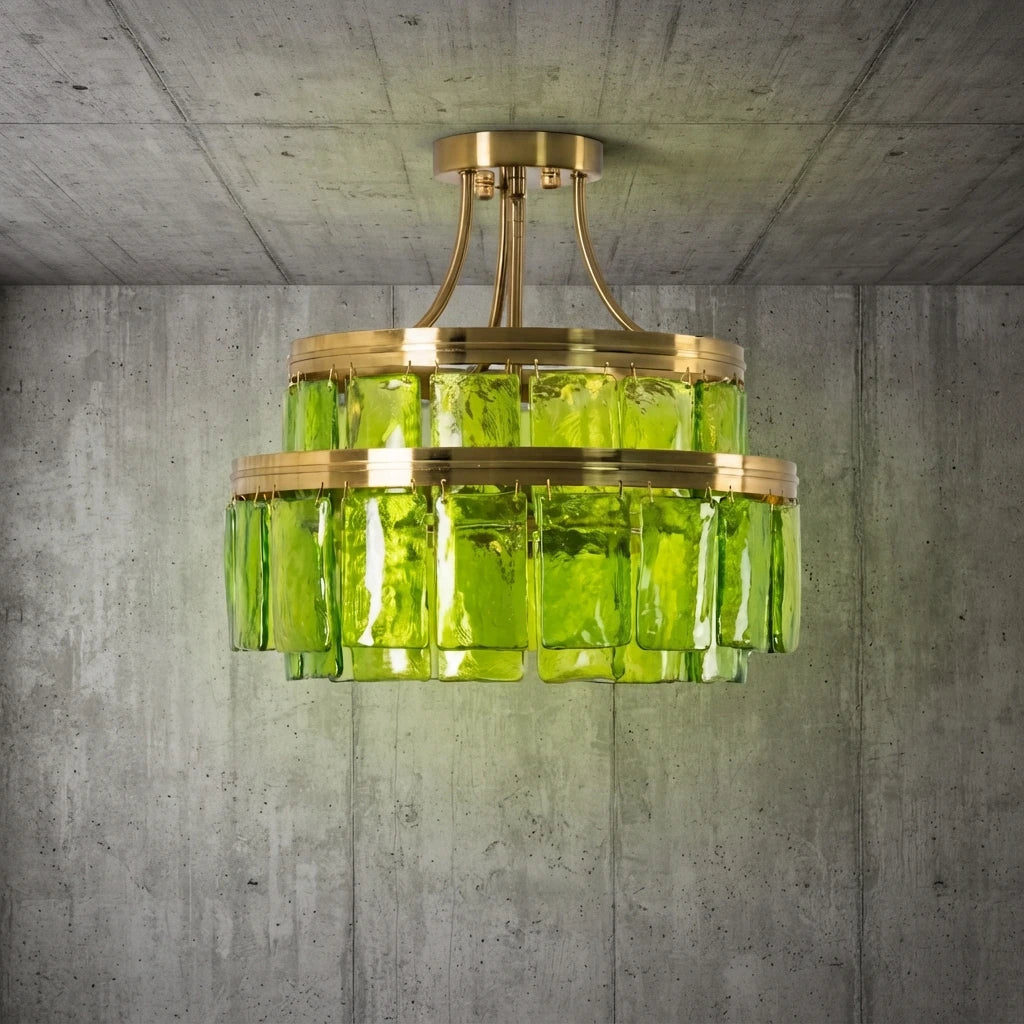 Modern Tiered Green Glass Chandelier