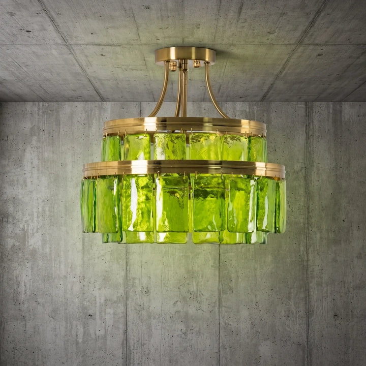 Modern Tiered Green Glass Chandelier
