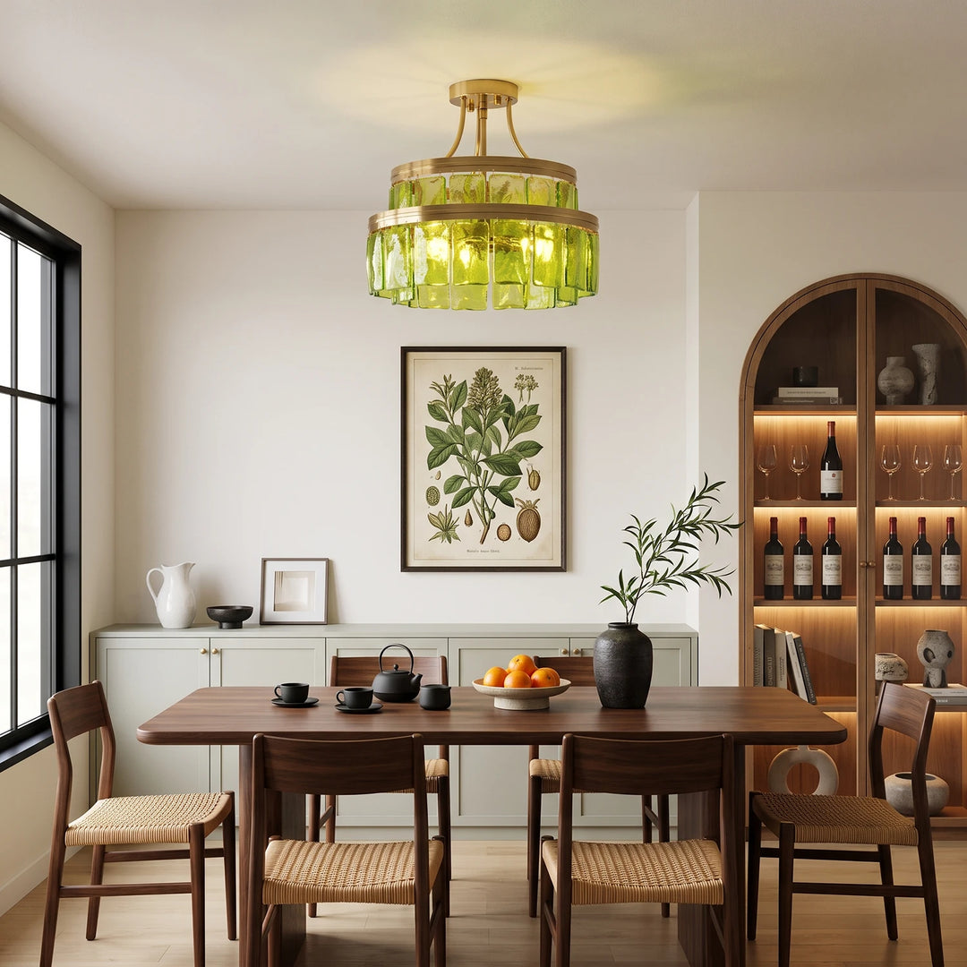 Modern Tiered Green Glass Chandelier