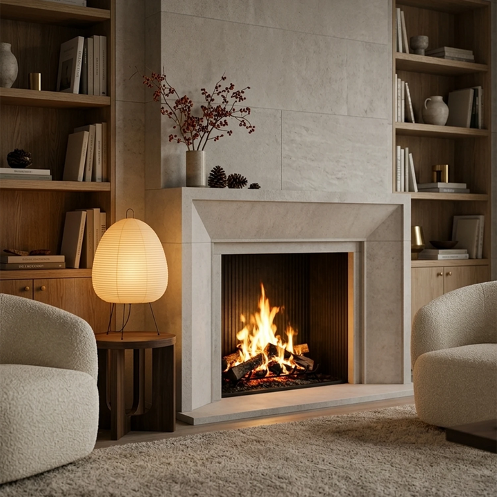 Paper table lamp on a side table beside a lit fireplace in a warm living area