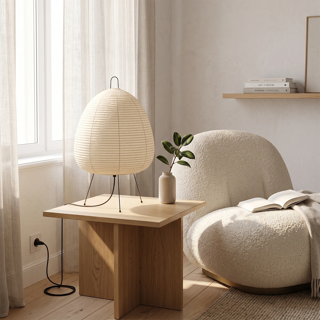 Paper table lamp beside a cream bouclé armchair in a sunlit corner