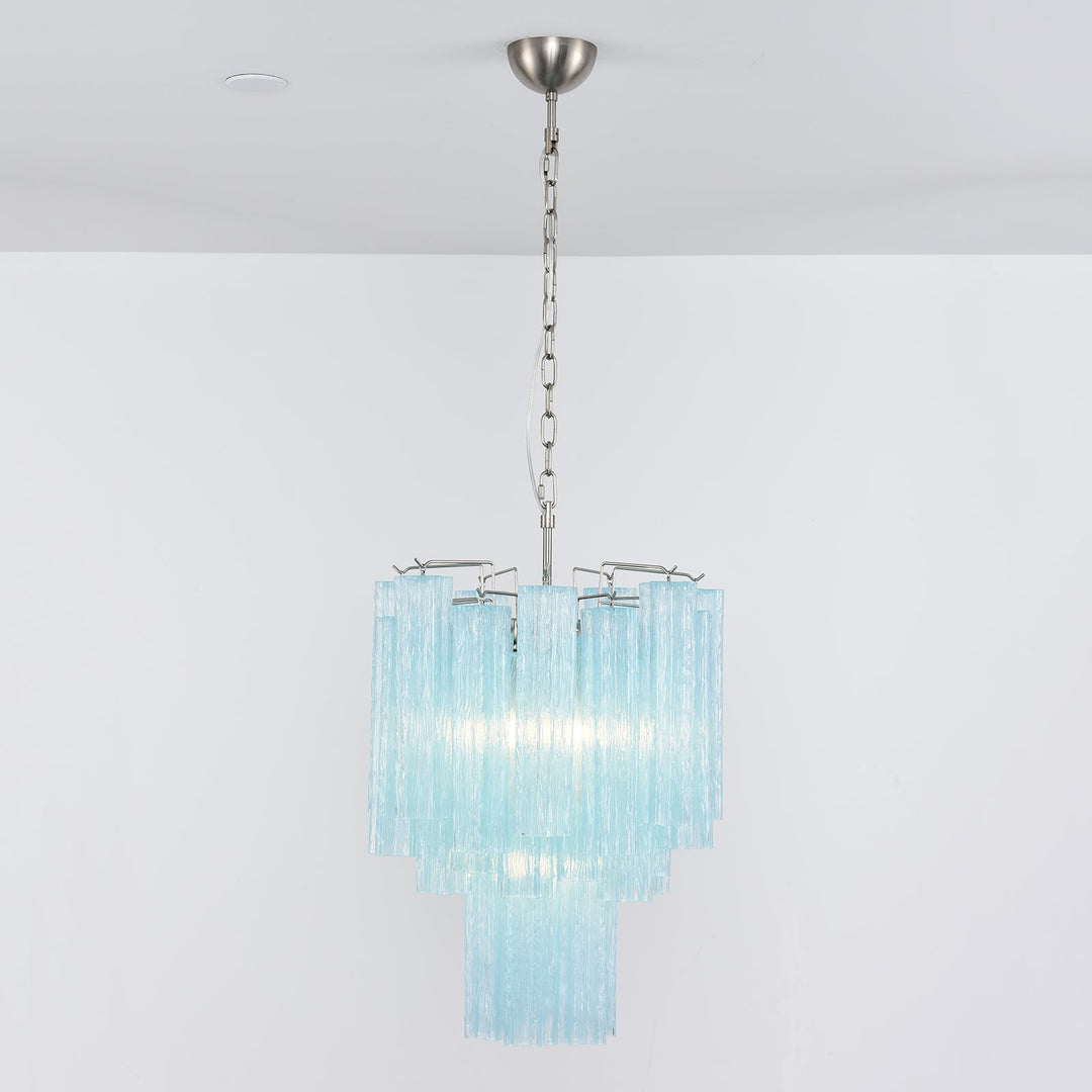 Full view of Murano Glass Tube Chandelier with amber gold glass tubes hanging from a white ceiling