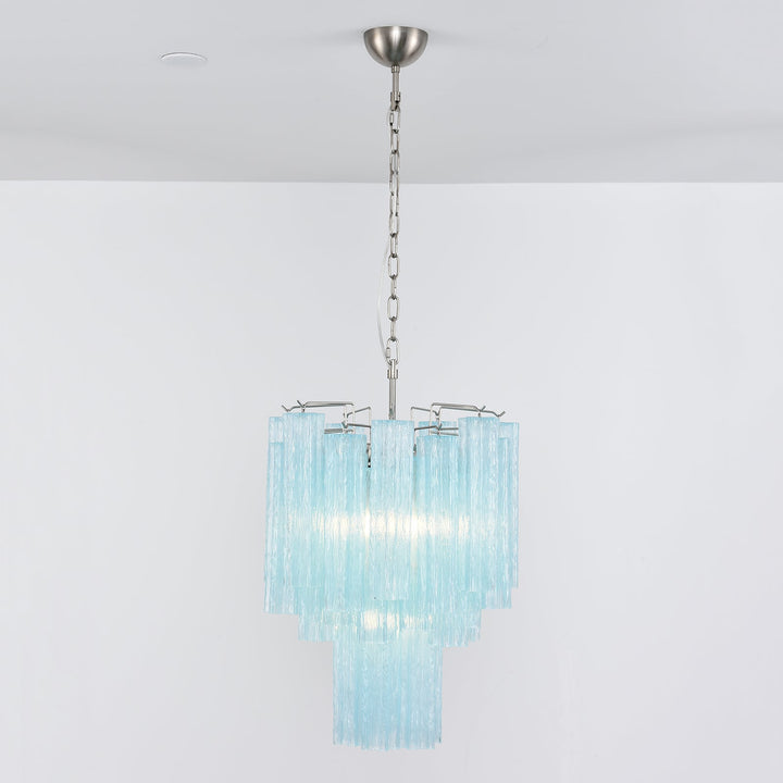 Full view of Murano Glass Tube Chandelier with amber gold glass tubes hanging from a white ceiling