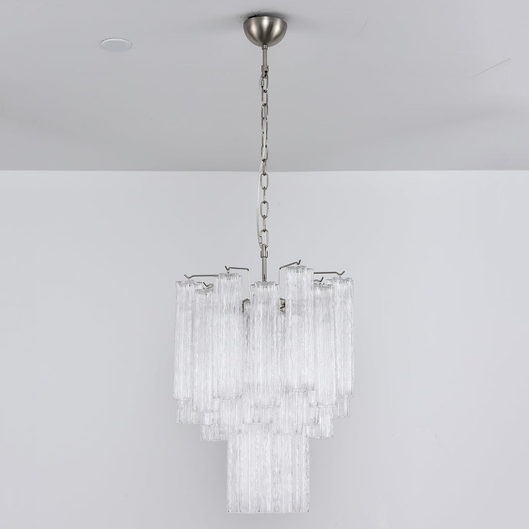 Full view of Murano Glass Tube Chandelier with amber gold glass tubes hanging from a white ceiling
