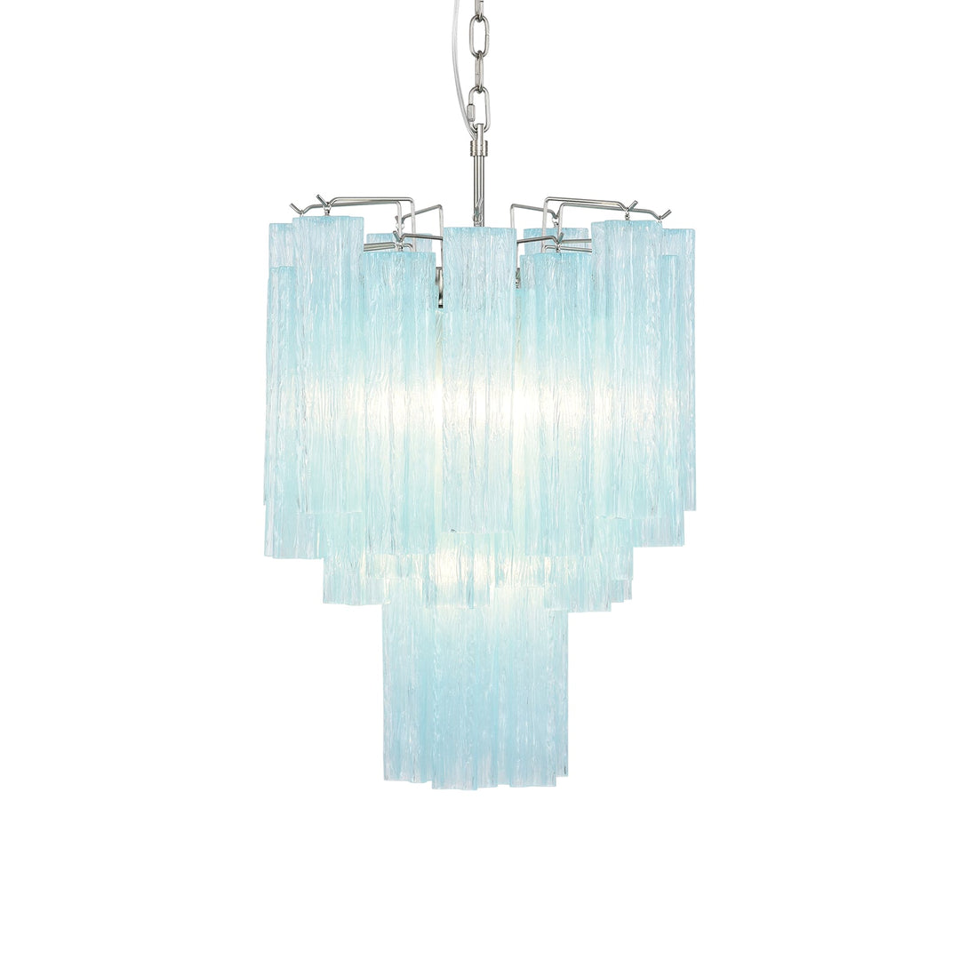 Full view of the lit Murano Glass Tube Chandelier with amber gold glass tubes on a white ceiling