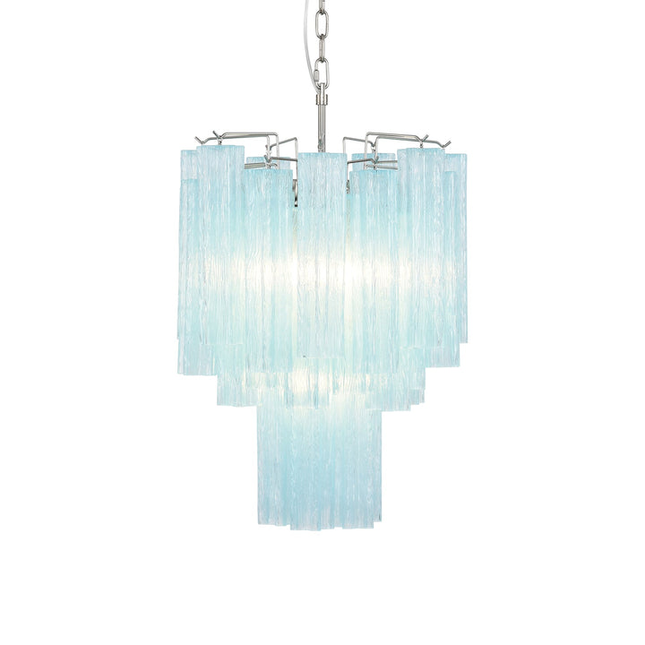Full view of the lit Murano Glass Tube Chandelier with amber gold glass tubes on a white ceiling