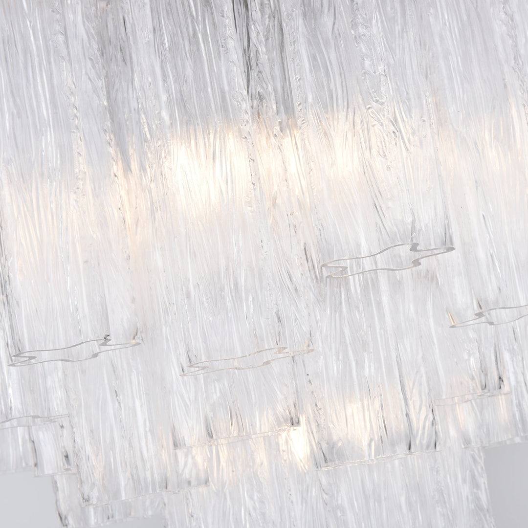 Top view of Murano Glass Tube Chandelier with amber gold star-shaped glass elements on white background