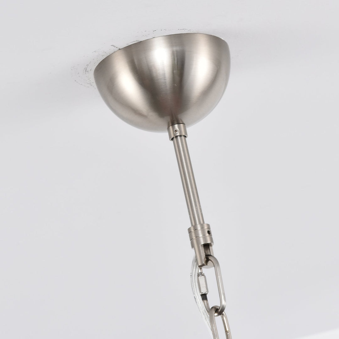 Close-up of the silver ceiling mount and hanging chain on the Murano glass chandelier