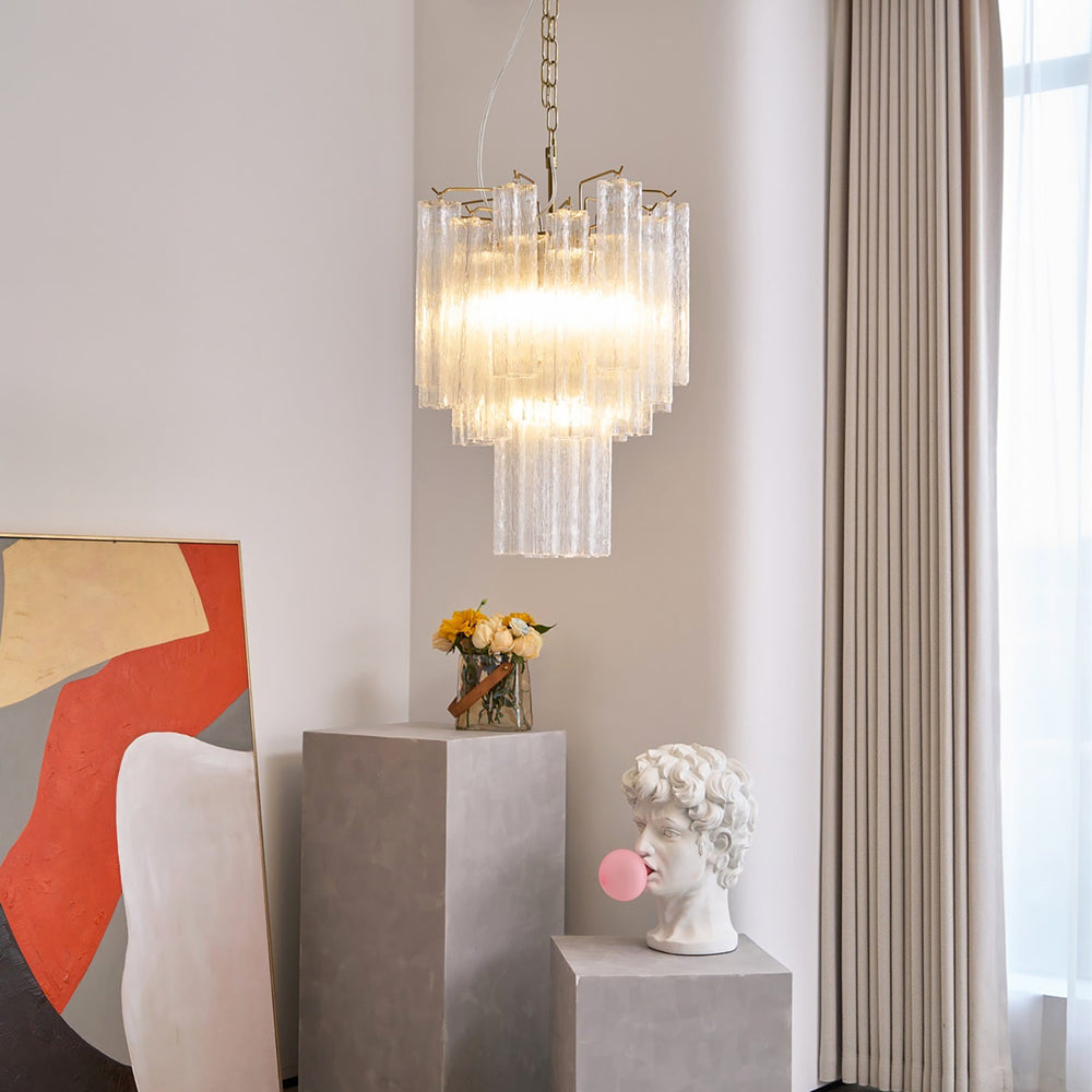 Murano Glass Tube Chandelier with clear glass tubes in a minimalist room with art decor