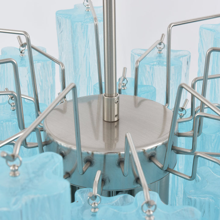 Full view of Murano Glass Tube Chandelier with clear glass tubes hanging from a white ceiling