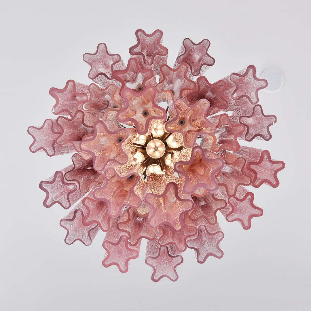 Close-up of the silver metal support structure inside the Murano glass chandelier