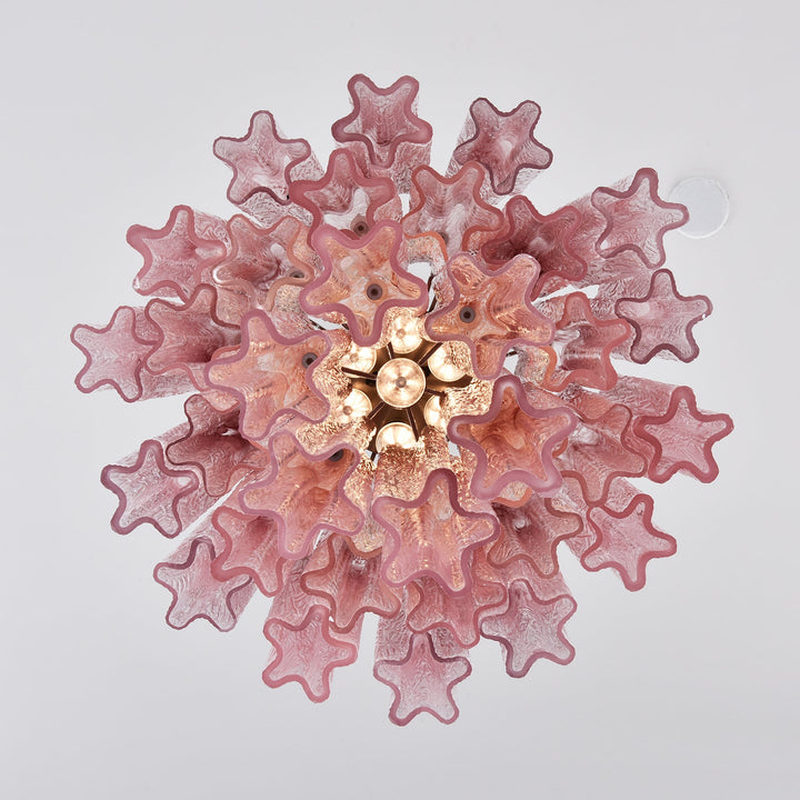 Close-up of the silver metal support structure inside the Murano glass chandelier