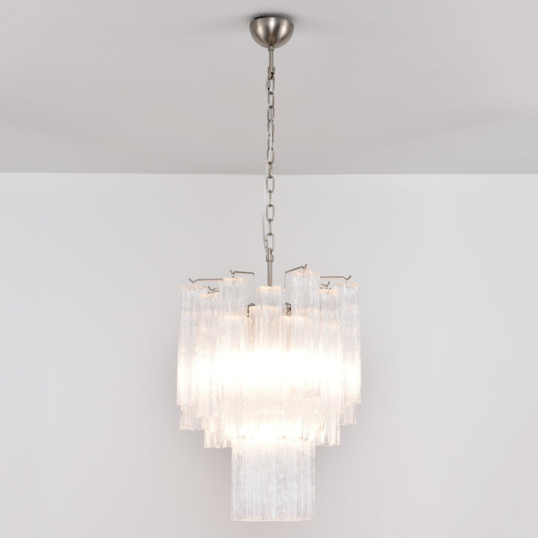 Full view of Murano Glass Tube Chandelier with smoke gray glass tubes hanging from a white ceiling