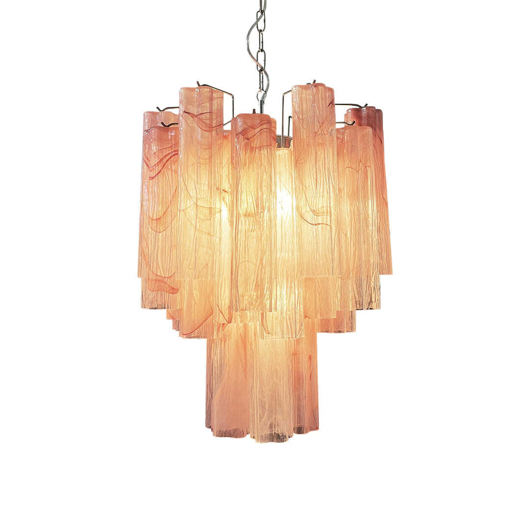 Full view of the lit Murano Glass Tube Chandelier with smoke gray glass tubes on a white ceiling