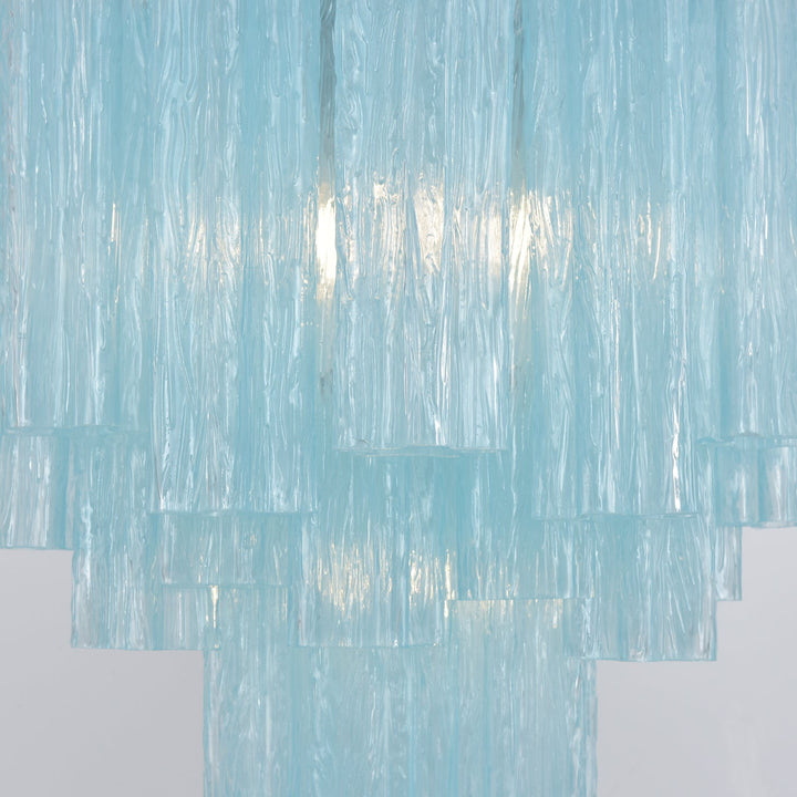 Full view of Murano Glass Tube Chandelier with turquoise glass tubes hanging from a white ceiling