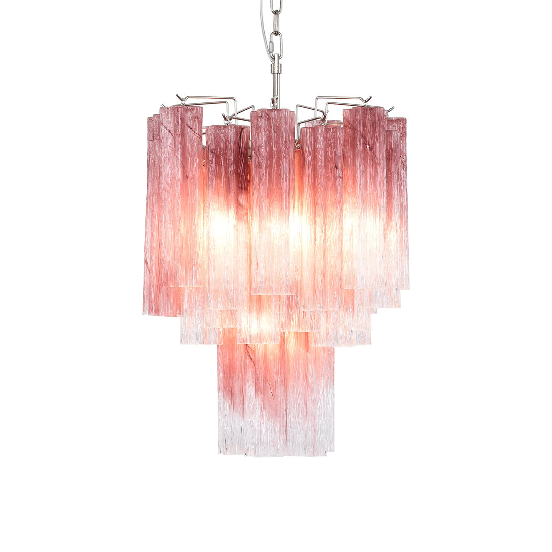 Full view of the lit Murano Glass Tube Chandelier with turquoise glass tubes on a white ceiling