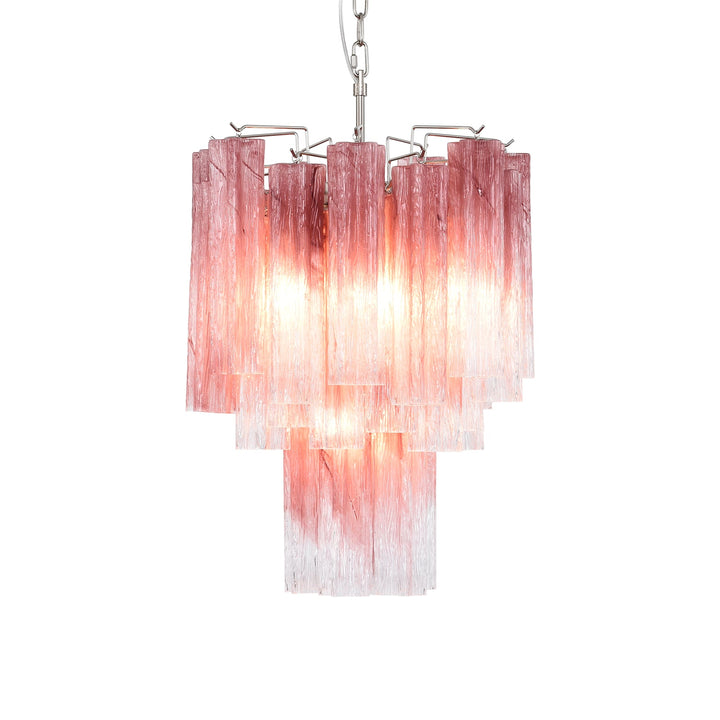 Full view of the lit Murano Glass Tube Chandelier with turquoise glass tubes on a white ceiling