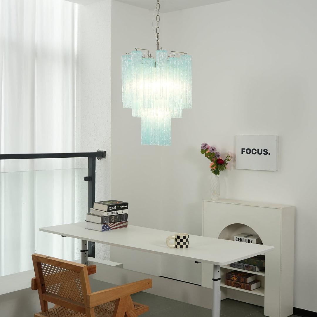 Murano Glass Tube Chandelier with turquoise glass above a desk in a bright home office