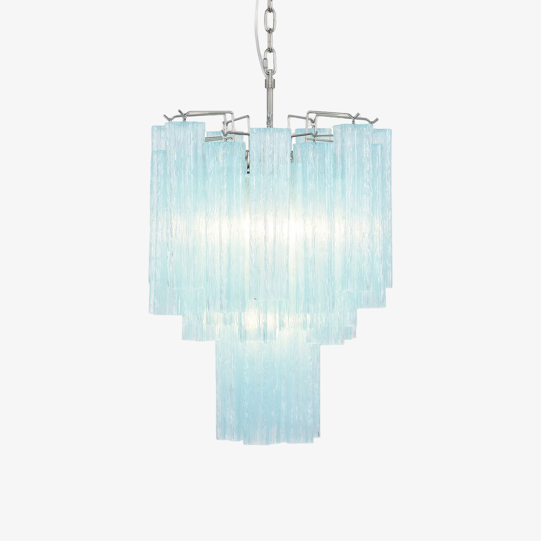 Murano Glass Tube Chandelier with turquoise blue tiered glass tubes on white background