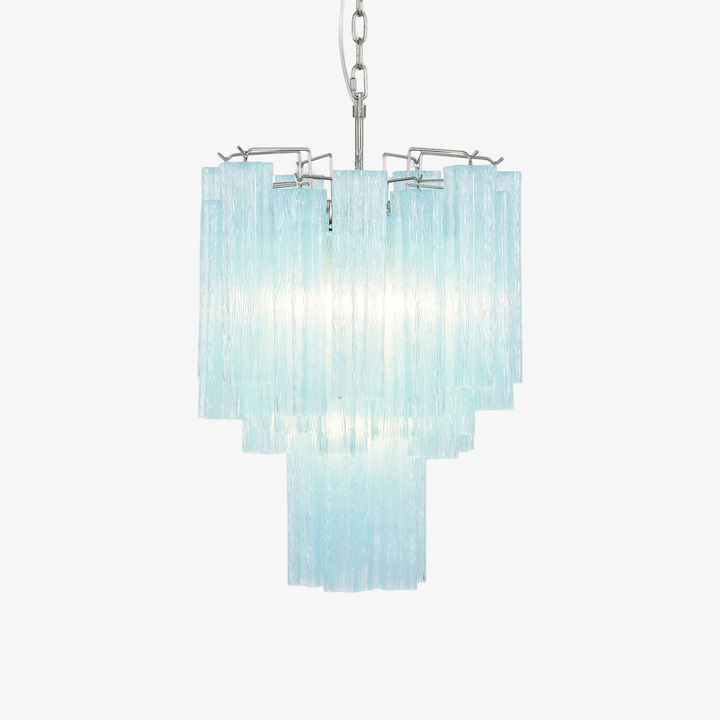 Murano Glass Tube Chandelier with turquoise blue tiered glass tubes on white background