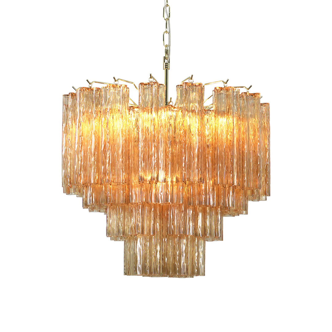 Murano Star Shaped Tube Glass Chandelier with amber glass and gold frame, on white background