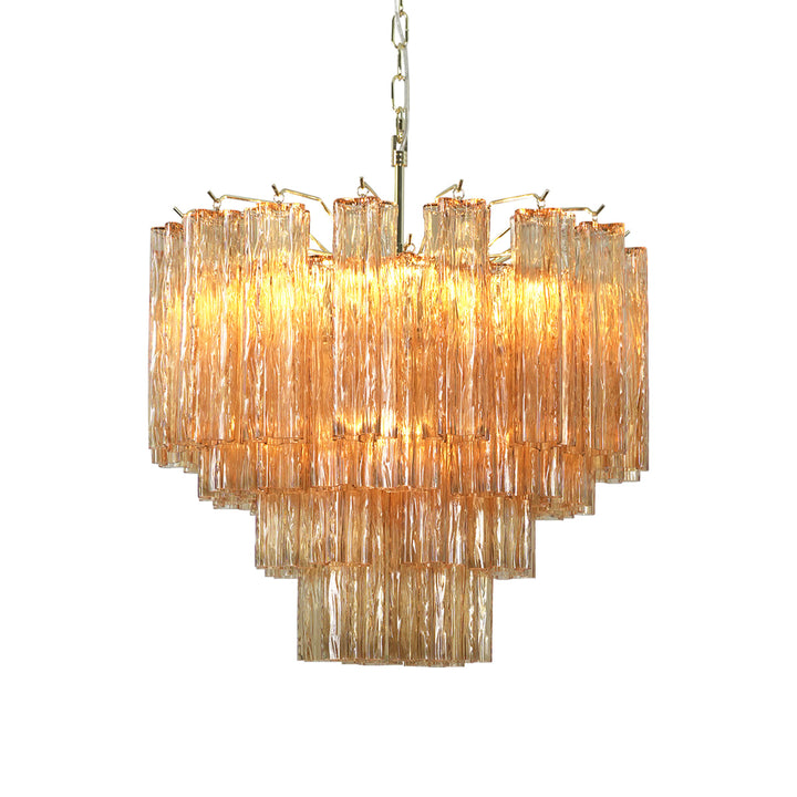 Murano Star Shaped Tube Glass Chandelier with amber glass and gold frame, on white background