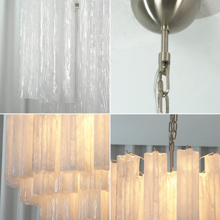 Split view showing clear and amber Murano glass tube texture with ceiling mount details
