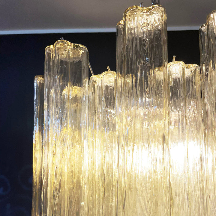 Close-up of the rippled texture on clear Murano glass tubes of the chandelier