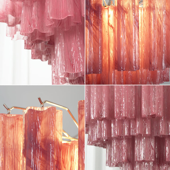Split view showing pink and red Murano glass tube texture and light transmission details