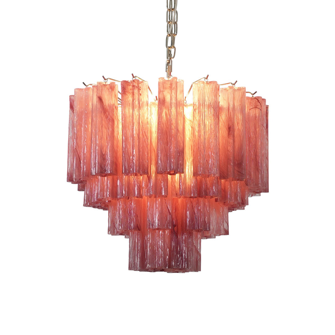 Murano Star Tube Chandelier with red-pink gradient glass in a bright room with sheer curtains