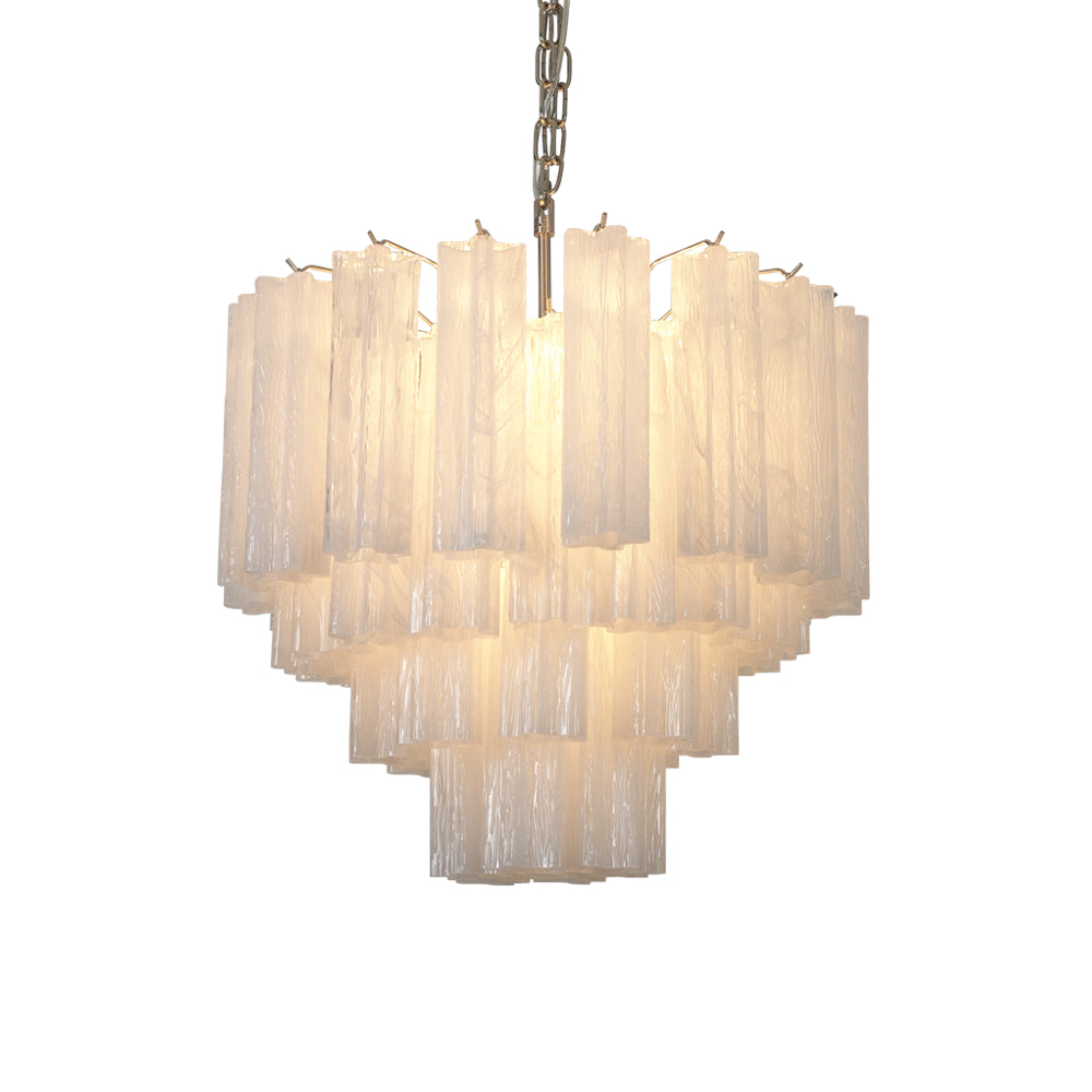 Murano Star Tube Chandelier with red-pink gradient glass against a black accent wall