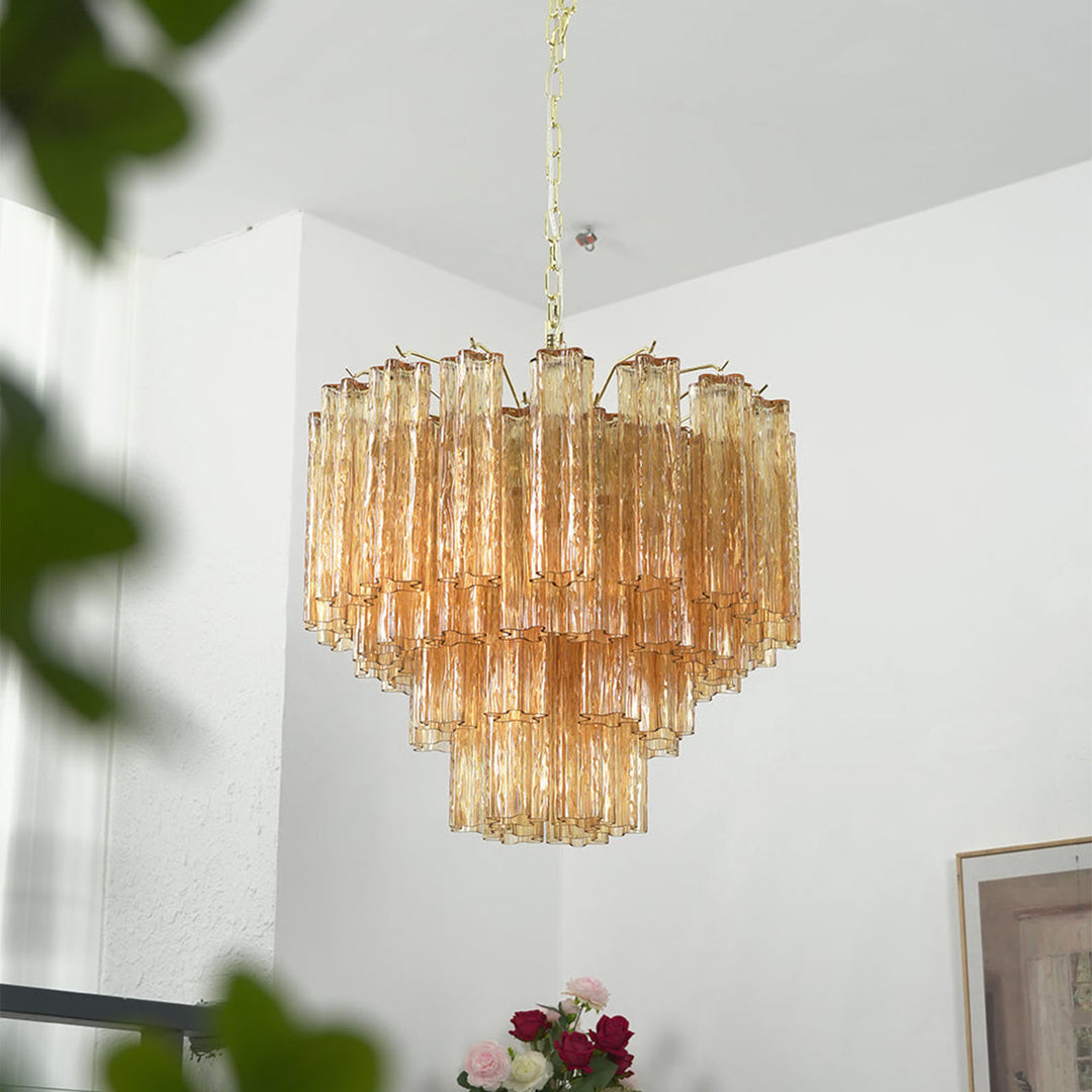 Murano Star Tube Chandelier with smoke gray glass on a plain white wall