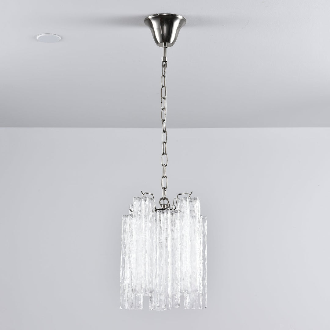 Murano Tubes Glass Chandelier with clear glass hanging from a white ceiling, minimalist view
