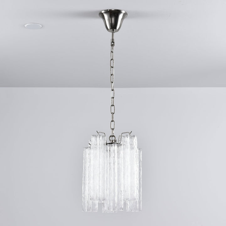 Murano Tubes Glass Chandelier with clear glass hanging from a white ceiling, minimalist view