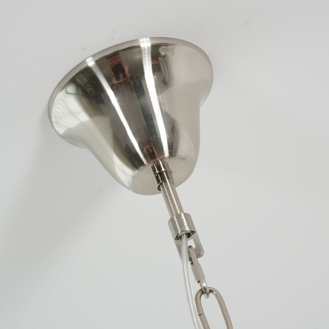 Close-up of the silver ceiling mount and hanging chain on the Murano Tubes Chandelier