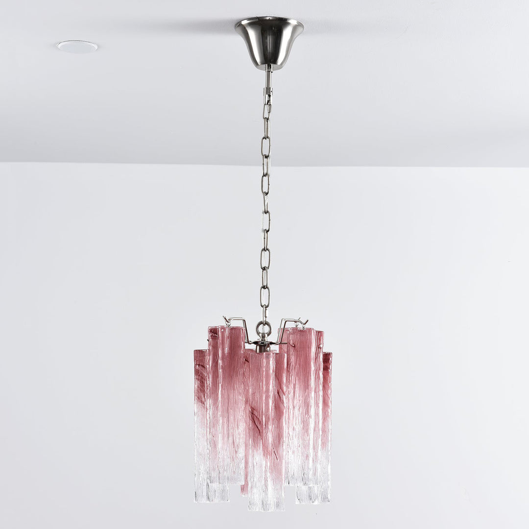 Murano Tubes Glass Chandelier with clear glass hanging from a white ceiling, silver chain