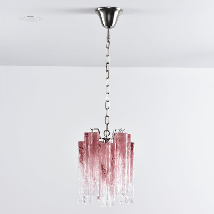 Murano Tubes Glass Chandelier with clear glass hanging from a white ceiling, silver chain
