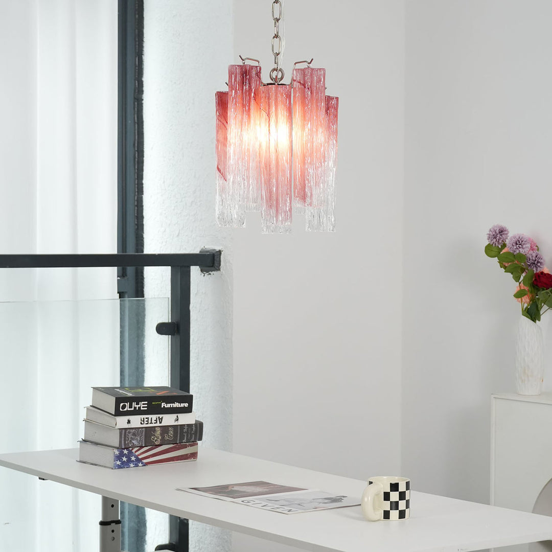 Murano Tubes Glass Chandelier with pink gradient glass hanging above a desk in a home office