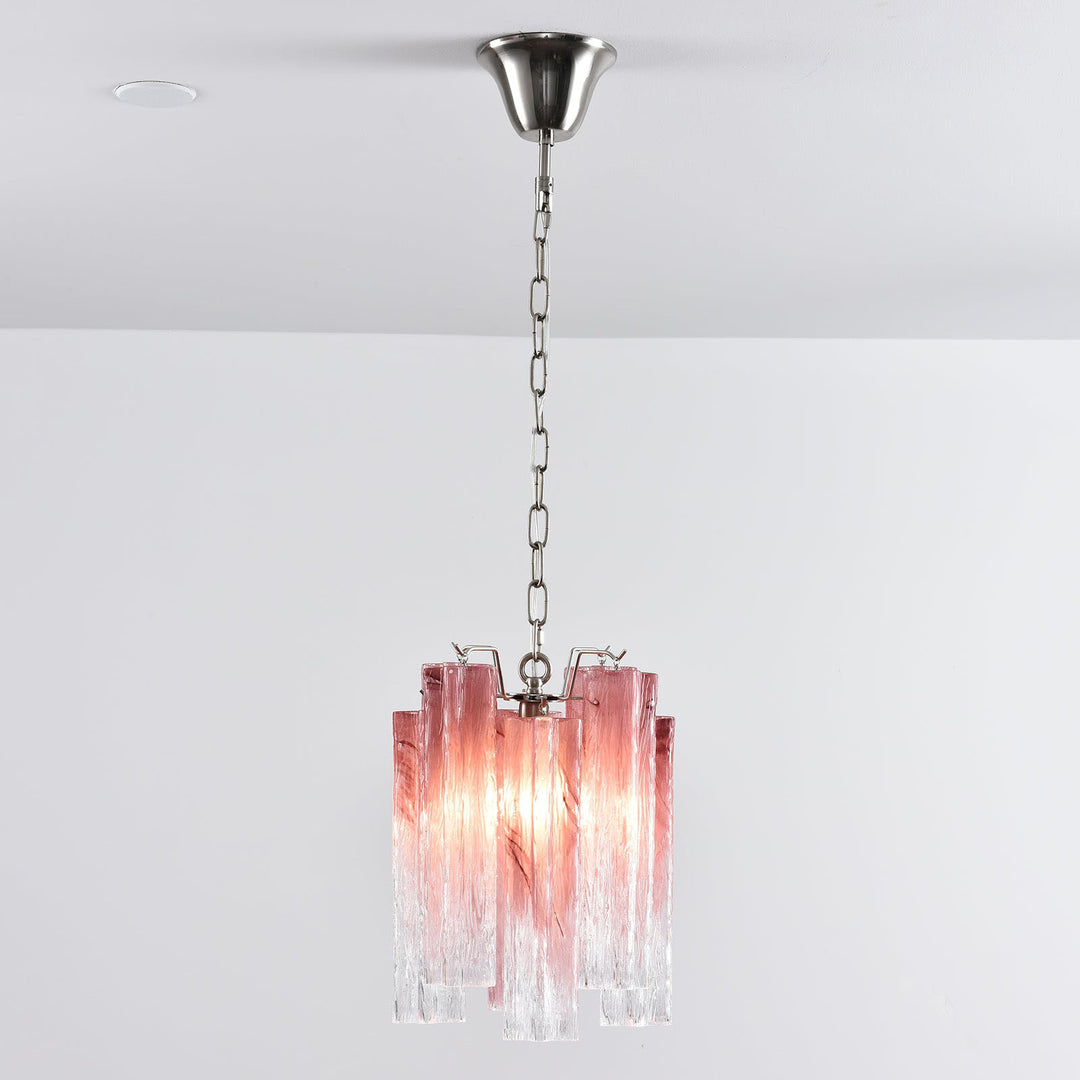 Murano Tubes Glass Chandelier with pink gradient glass hanging from a white ceiling, angled view