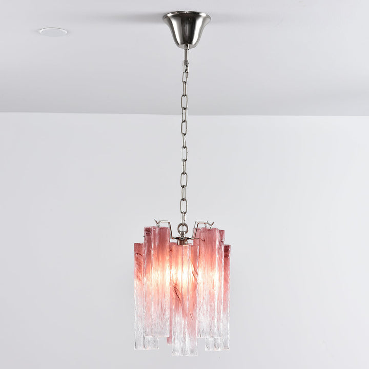 Murano Tubes Glass Chandelier with pink gradient glass hanging from a white ceiling, angled view