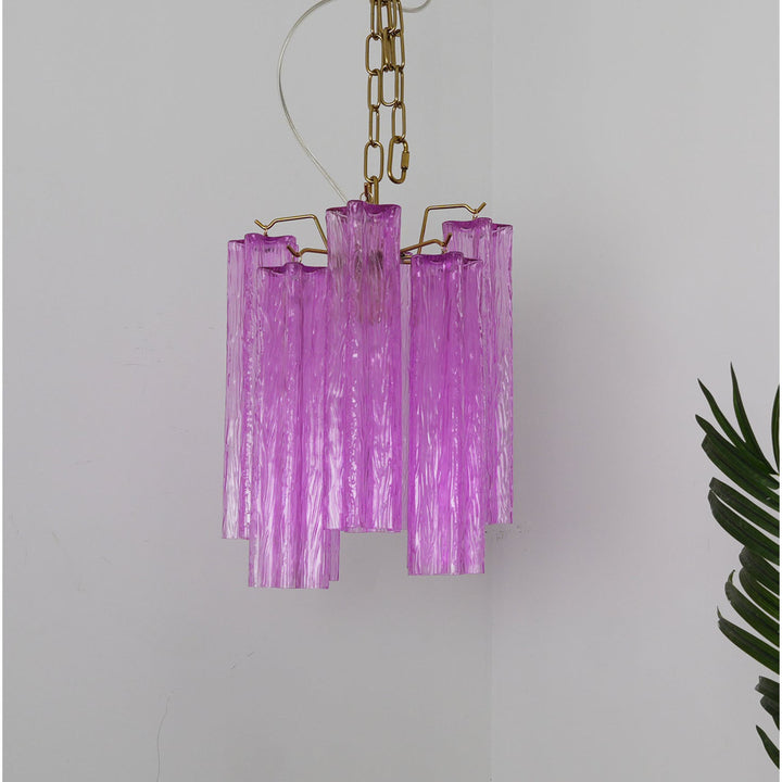 Murano Tubes Glass Chandelier with vibrant purple glass hanging from a white ceiling