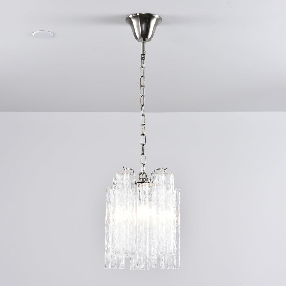 Murano Tubes Glass Chandelier with clear glass hanging from a white ceiling, soft light view